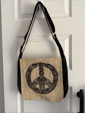 Black and Natural Canvas cotton Hemp Crossbody Bag with Graphic Flap